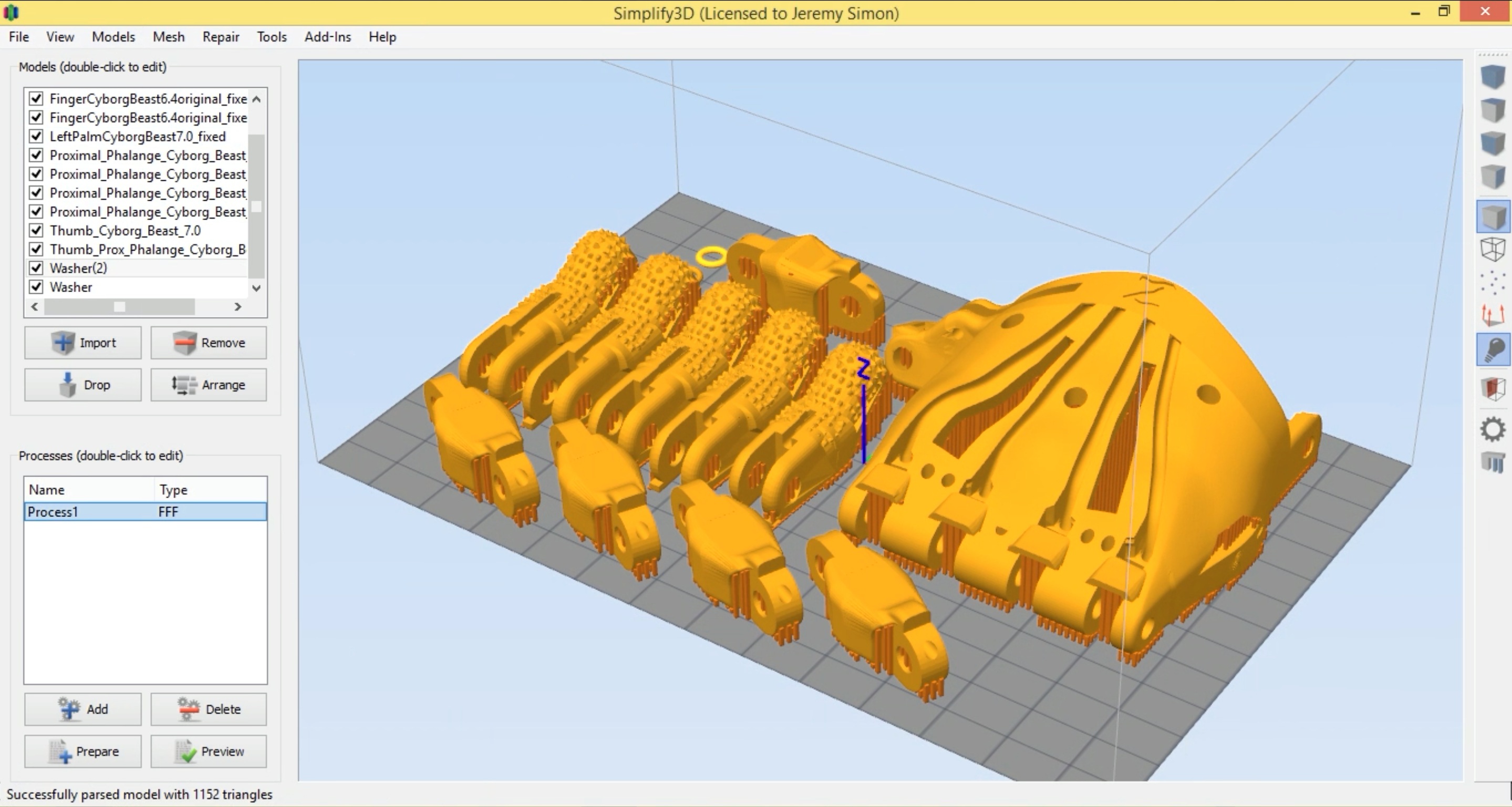 Simplify3D - E-nable hand on software build plate