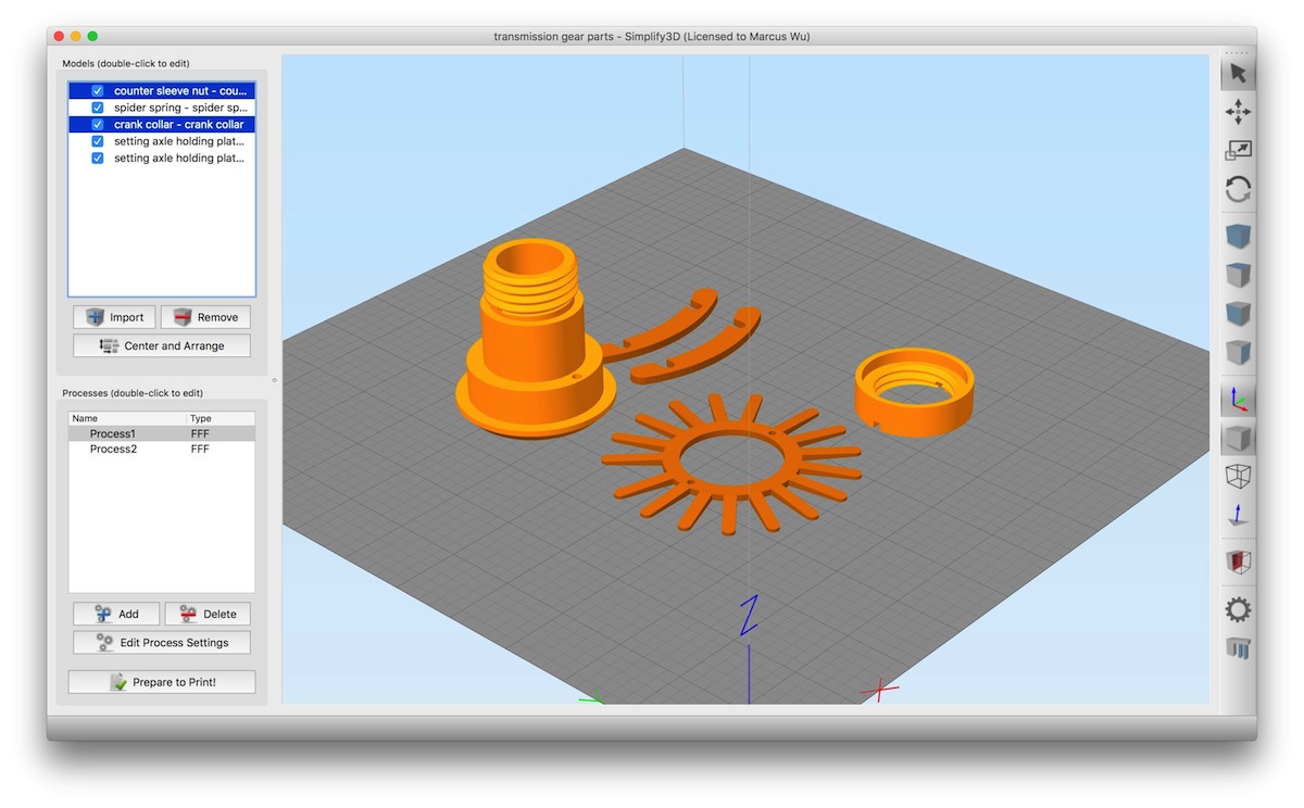 Simplify3D - Curta calculator parts in Simplify3D